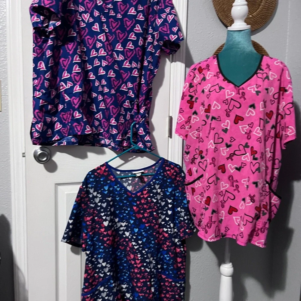 Heart Patterned Scrub Tops - Pink, Blue, set of 3 - Picture 1 of 14